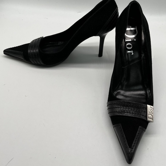 Dior Black Suede Pointed Toe Heel w/ Leather Heel/Cap Toe + Logo sz 36.5 - Picture 1 of 5